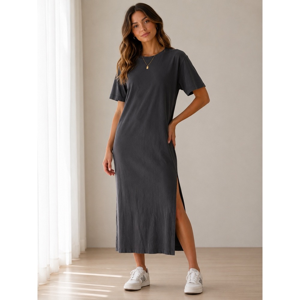 Zara Black Cotton T-Shirt Dress Midi Short Sleeve Pockets Slits XS E107